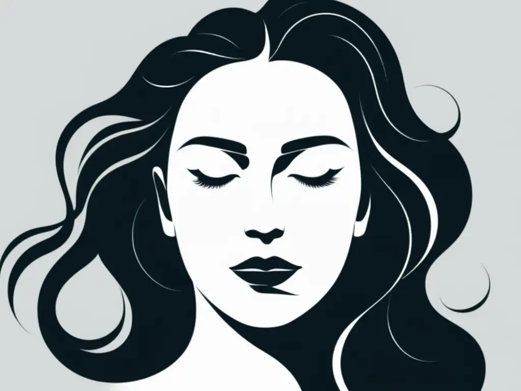 Ilustración minimalista en blanco y negro de una mujer con expresión serena y ojos cerrados