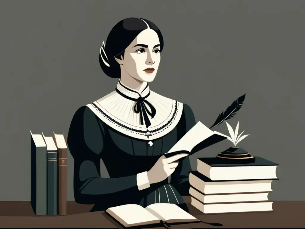 Ilustración minimalista en blanco y negro de una mujer victoriana segura de sí misma, rodeada de libros y plumas, representando el feminismo en la literatura del siglo XIX