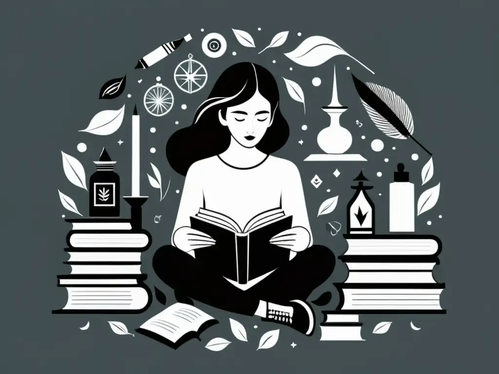 Ilustración minimalista en blanco y negro de una mujer leyendo rodeada de símbolos literarios