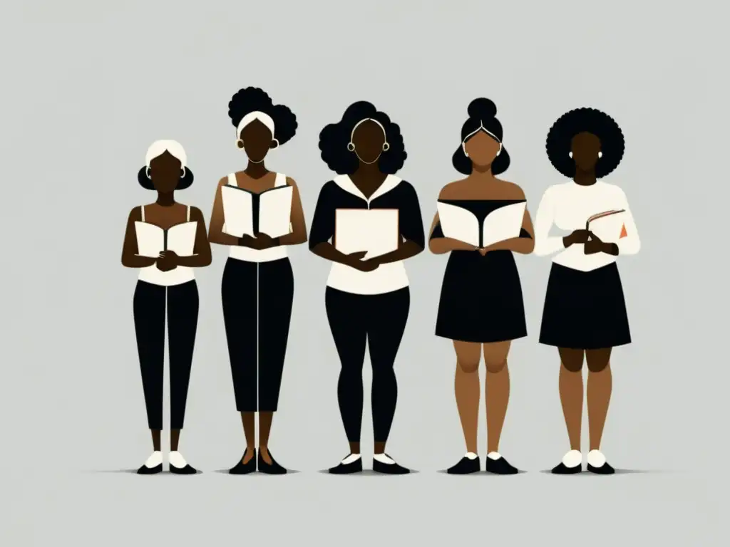 Ilustración minimalista en blanco y negro de mujeres diversas con libros, simbolizando 'Voces feministas en literatura actual'