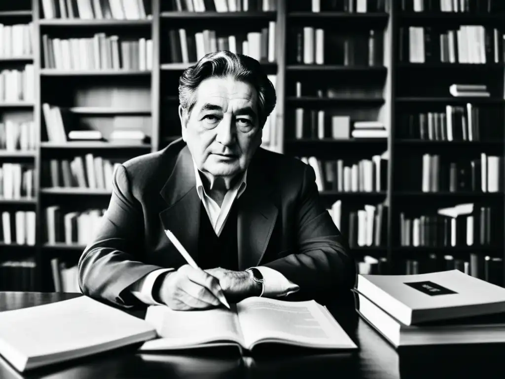 Ilustración minimalista en blanco y negro de Octavio Paz, rodeado de libros, escribiendo poesía y filosofía con expresión reflexiva