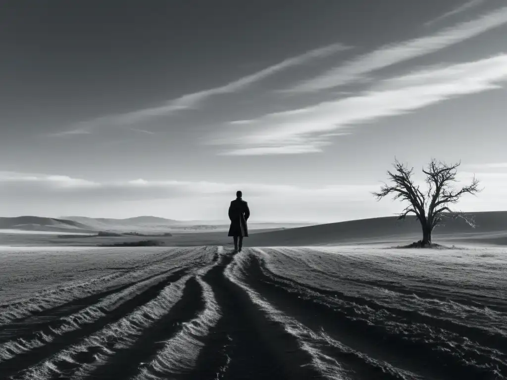 Ilustración minimalista en blanco y negro de un paisaje desolado con una figura solitaria entre árboles muertos y campos vacíos