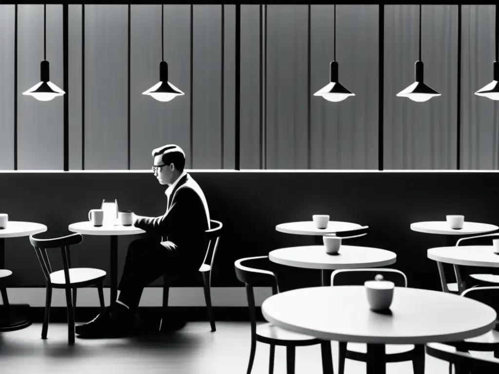 Un ilustración minimalista en blanco y negro de una persona solitaria en un café, rodeada de mesas vacías, evocando soledad existencial y reflexión