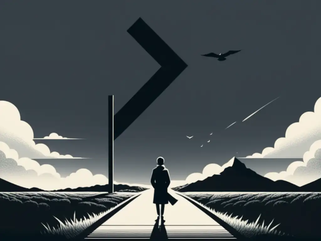 Ilustración minimalista en blanco y negro de un personaje en una encrucijada, expresando introspección y decisión