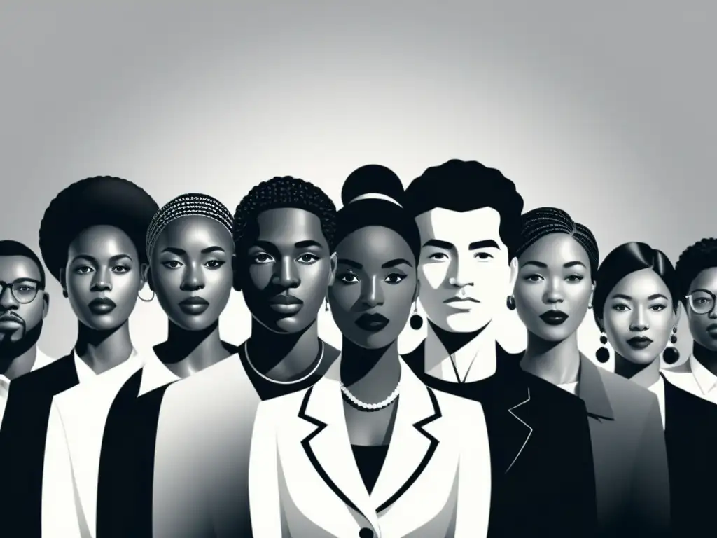 Ilustración minimalista en blanco y negro de personas diversas unidas, simbolizando el movimiento cultural y político de la literatura negritud