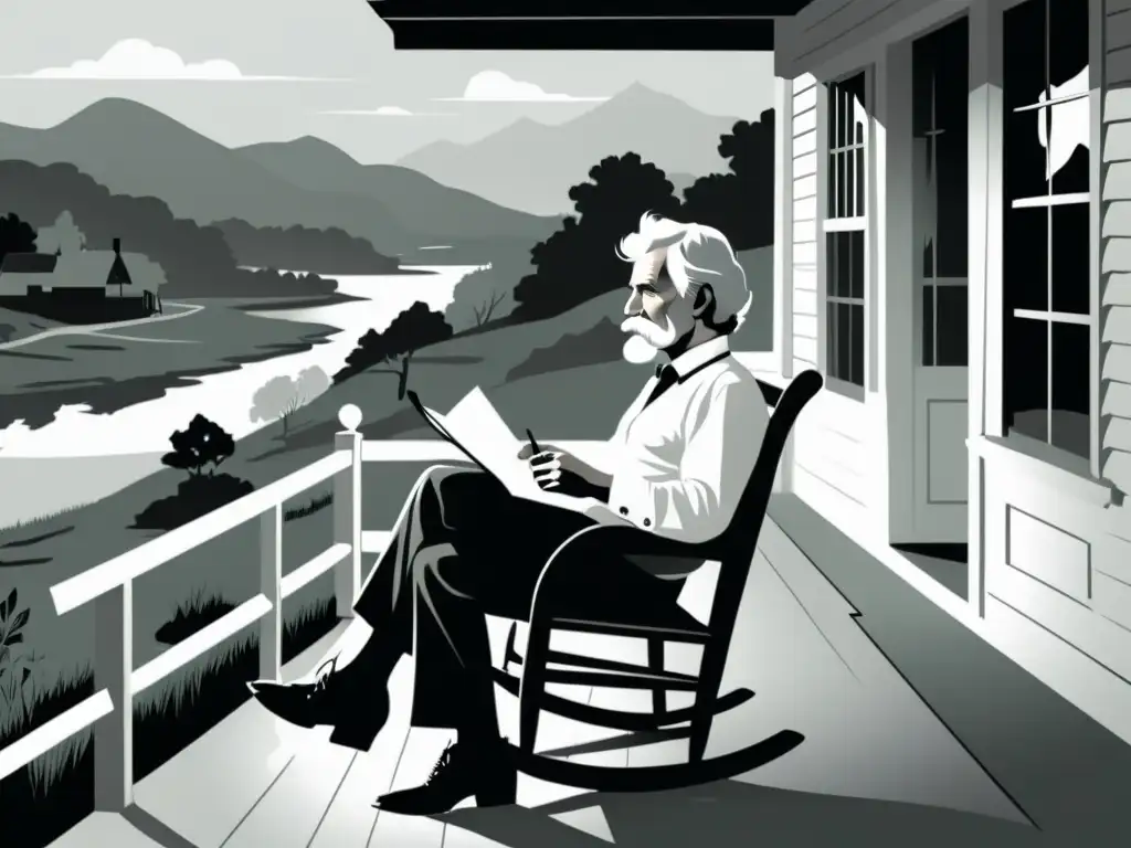 Ilustración minimalista en blanco y negro de Mark Twain en su porche, con pipa y cuaderno, reflexionando sobre el Realismo Americano y su identidad