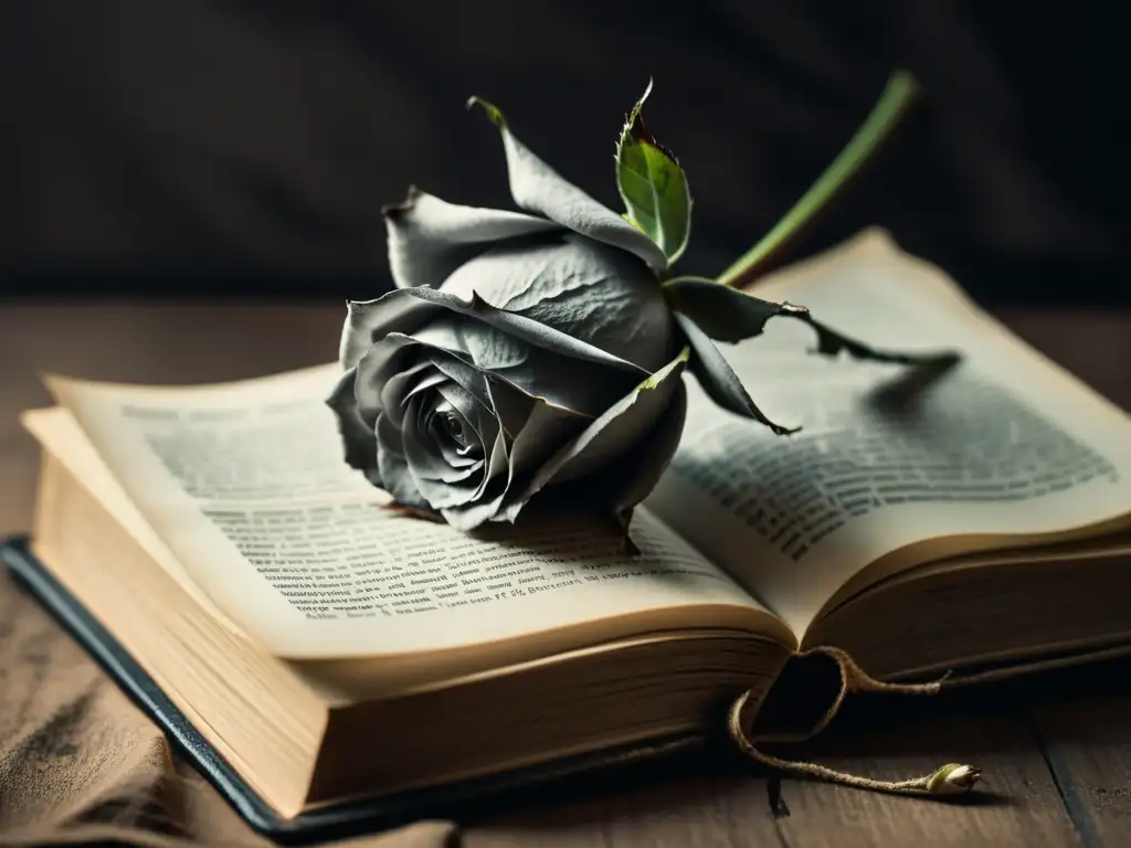 Una fotografía minimalista en blanco y negro de una rosa marchita sobre un libro desgastado, con luz natural suave creando sombras