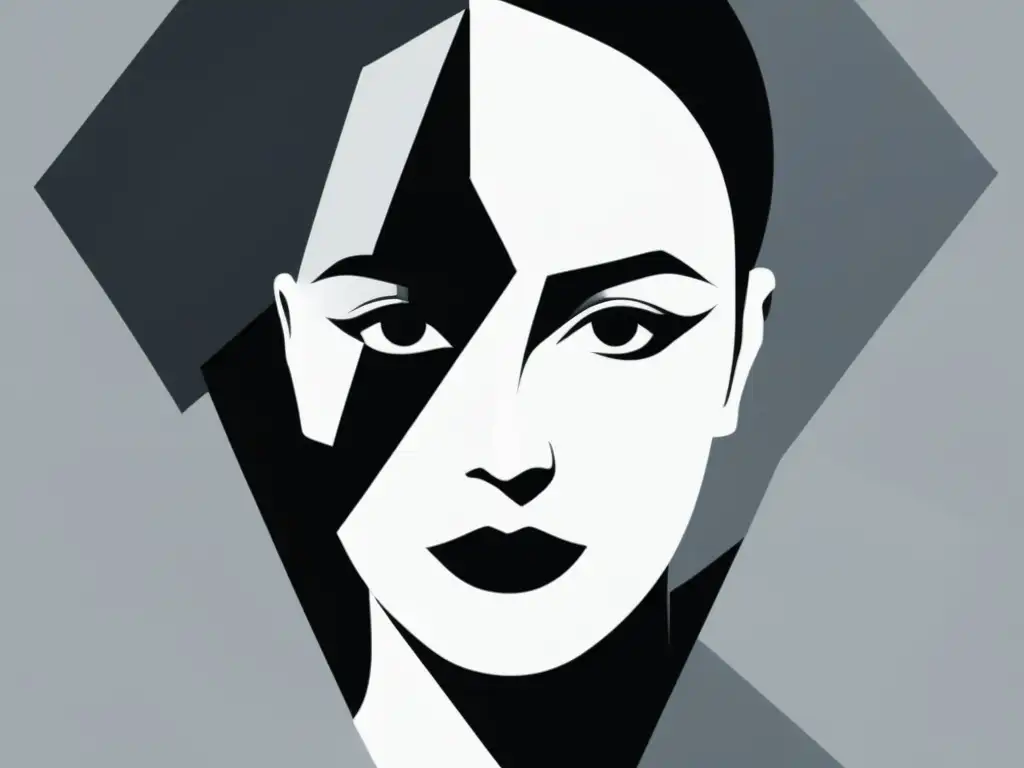 Ilustración minimalista en blanco y negro de un rostro fragmentado, reflejando la complejidad de la identidad en la narrativa contemporánea
