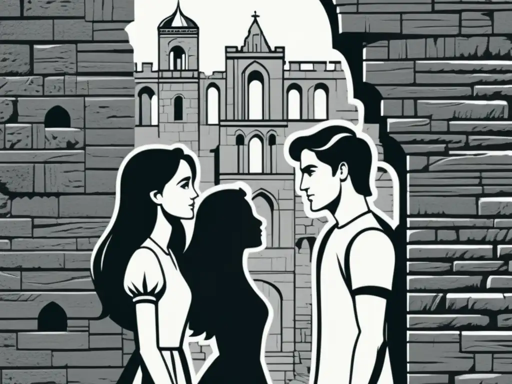 Ilustración minimalista en blanco y negro de Romeo y Julieta separados por un muro de piedra, evocando la tragedia de sus pasiones humanas