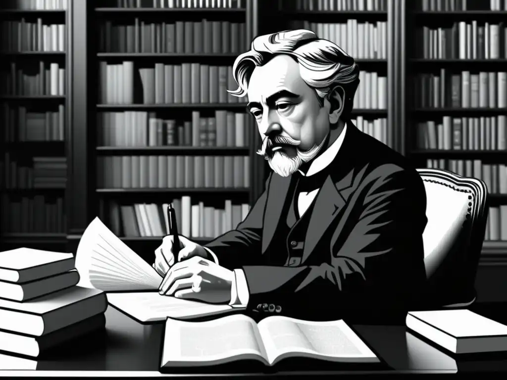 Ilustración minimalista en blanco y negro de Stéphane Mallarmé en su escritorio, rodeado de libros y papeles