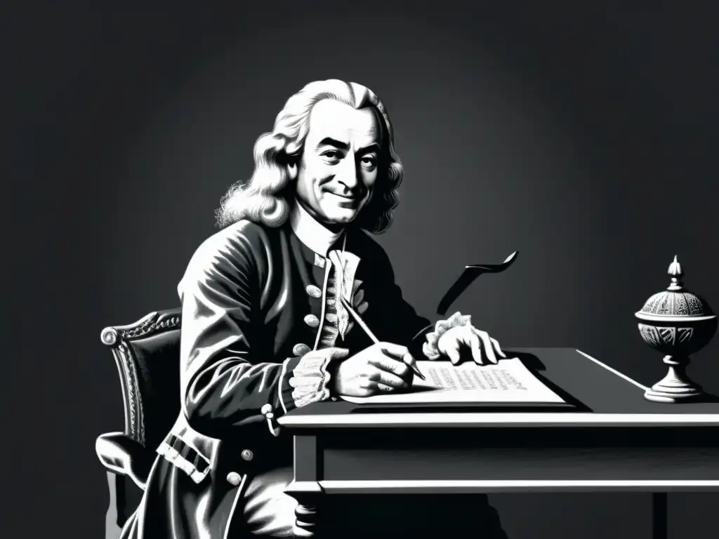 Ilustración minimalista en blanco y negro de Voltaire con una irónica sonrisa, escribiendo con un plumín en 'Cándido'