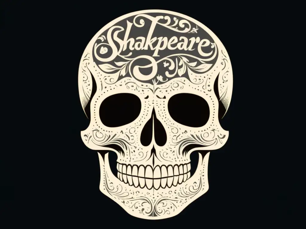 Ilustración minimalista de una calavera de Shakespeare con citas y juegos de palabras en elegante tipografía sobre fondo negro