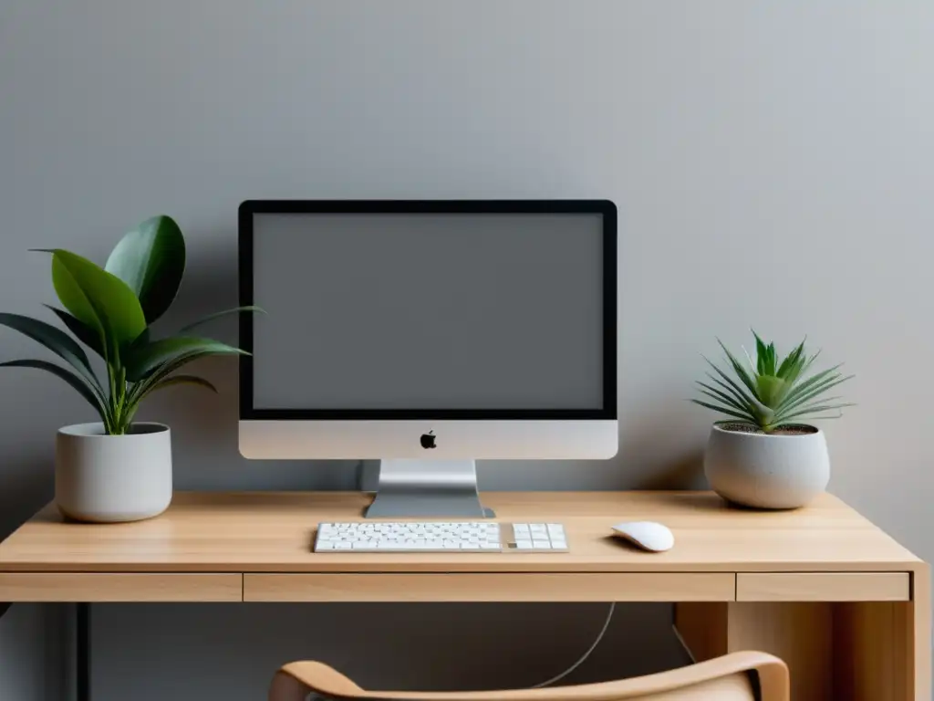 Minimalista computadora moderna en escritorio ordenado con plantita