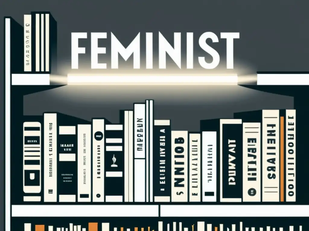 Minimalista estantería con libros organizados, destacando 'Influencia crítica feminista en clasificación literaria' bajo un foco