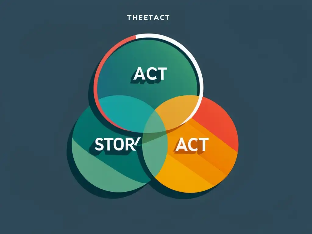 Representación gráfica minimalista de una estructura de tres actos, con colores y líneas conectadas, evocando técnicas literarias para estructura de tres actos