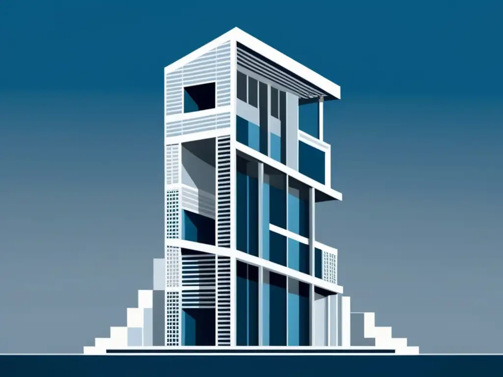 Minimalista ilustración de estructura argumental literaria con líneas y formas geométricas interconectadas en tonos fríos