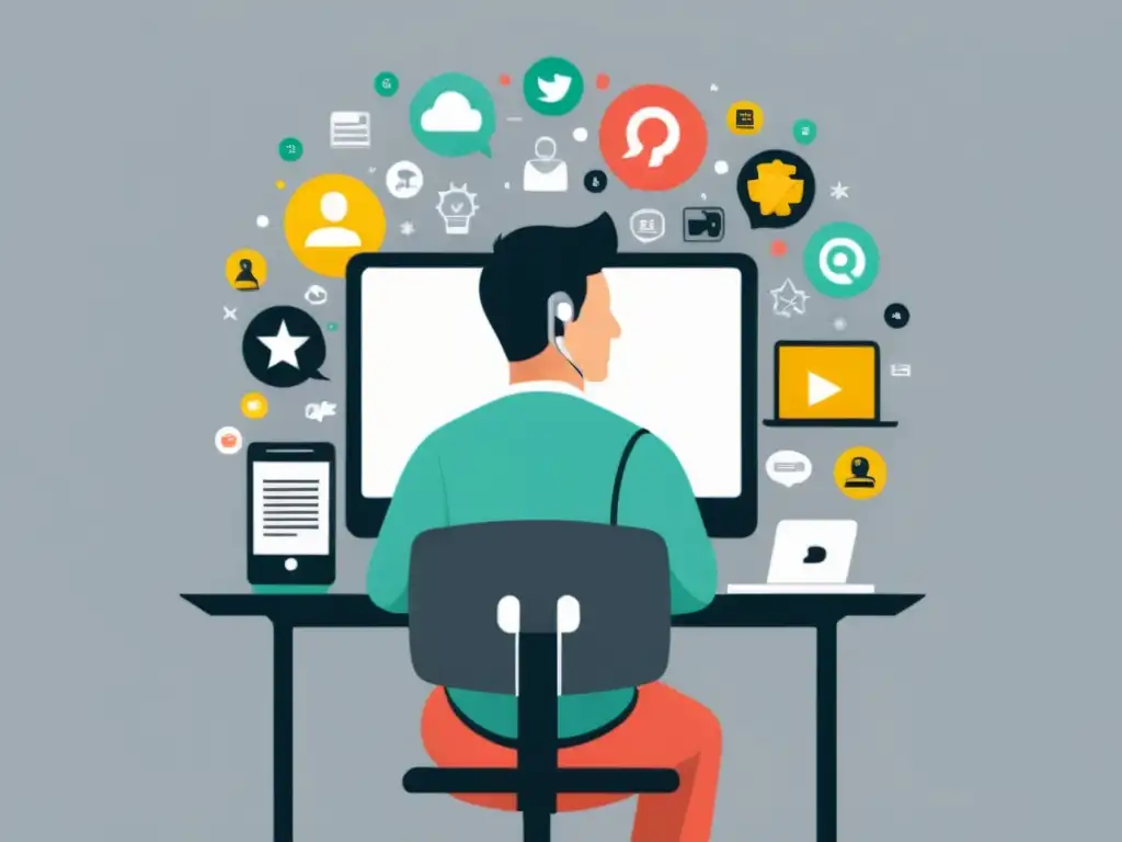 Una ilustración minimalista muestra a una persona reflexiva frente a una computadora, rodeada de íconos de plataformas de reseñas online