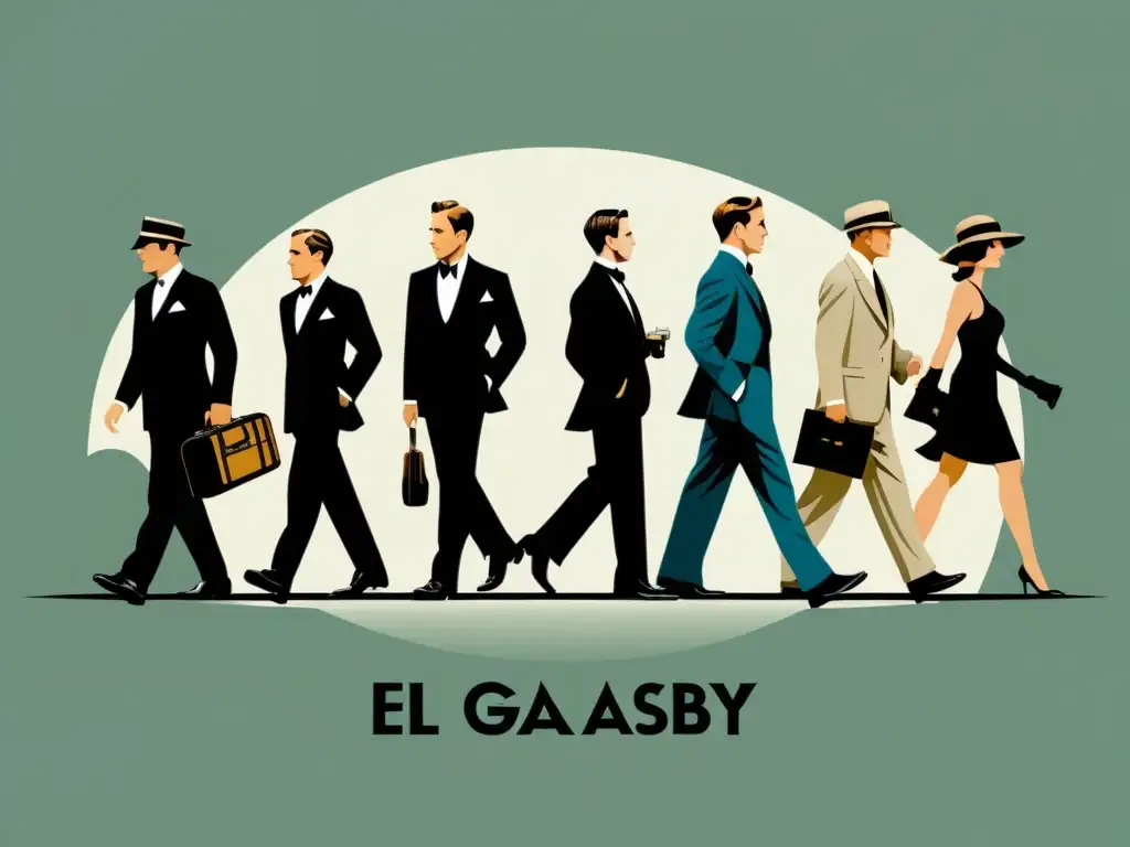 Ilustración minimalista de la evolución de personajes en 'El gran Gatsby', desde trazos simples hasta detalles complejos, simbolizando técnicas de caracterización en literatura