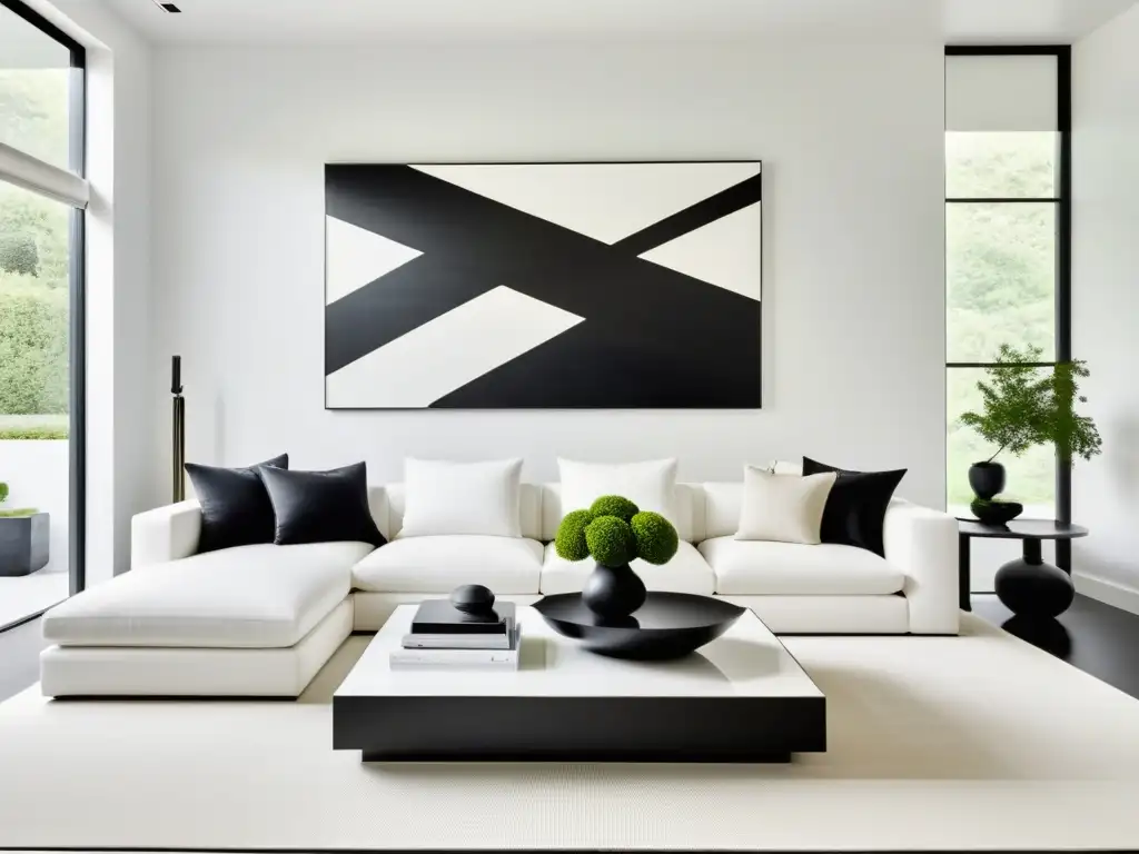 Minimalista sala blanca con pintura abstracta en blanco y negro como punto focal y accesorios decoración temática best sellers