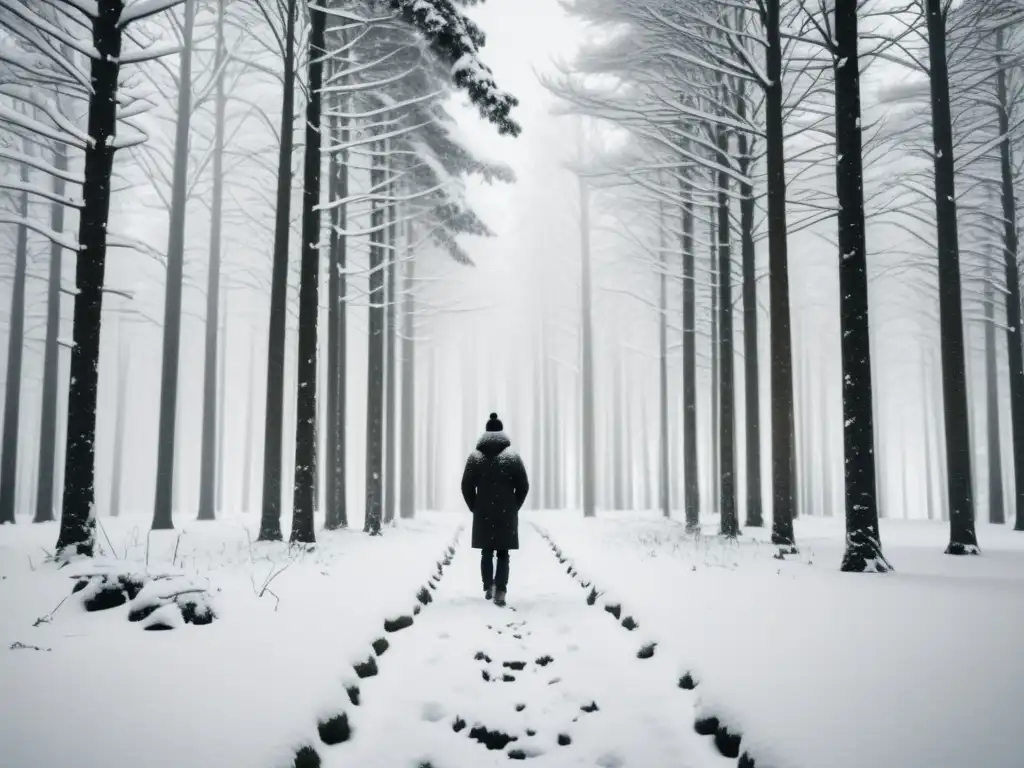 Psicología y misterio en La chica de nieve: figura solitaria camina en bosque nevado, huellas en la nieve crean atmósfera de aislamiento