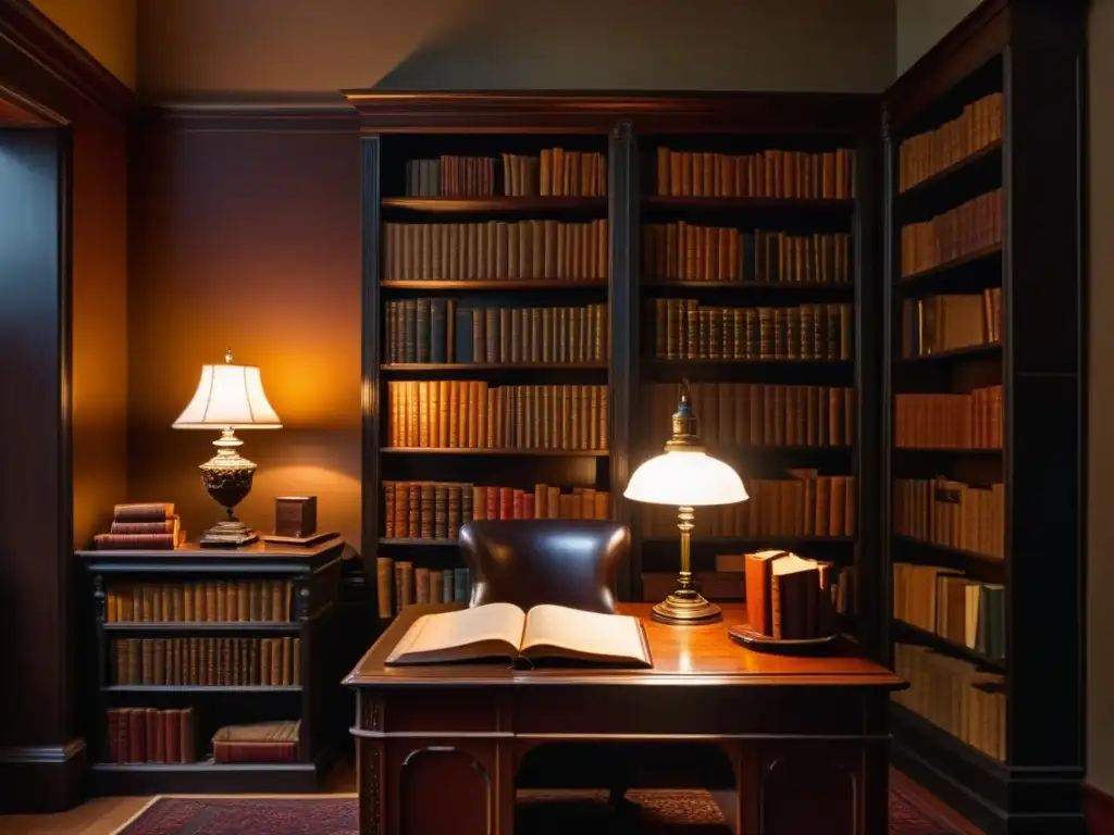 Un misterioso ambiente victoriano en una biblioteca, con libros de Wilkie Collins en un escritorio iluminado por una lámpara antigua