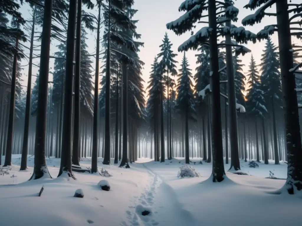 Un misterioso bosque nevado al atardecer, con árboles cubiertos de nieve