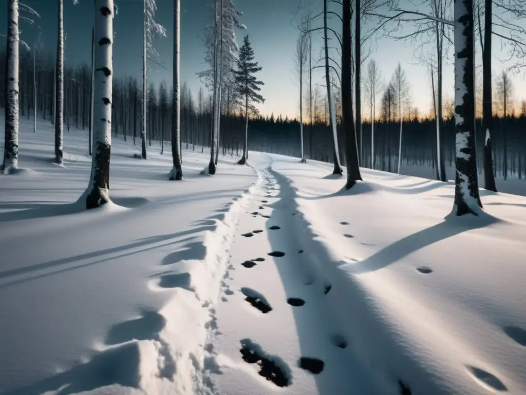 Un misterioso bosque nevado de noche con huellas en la nieve