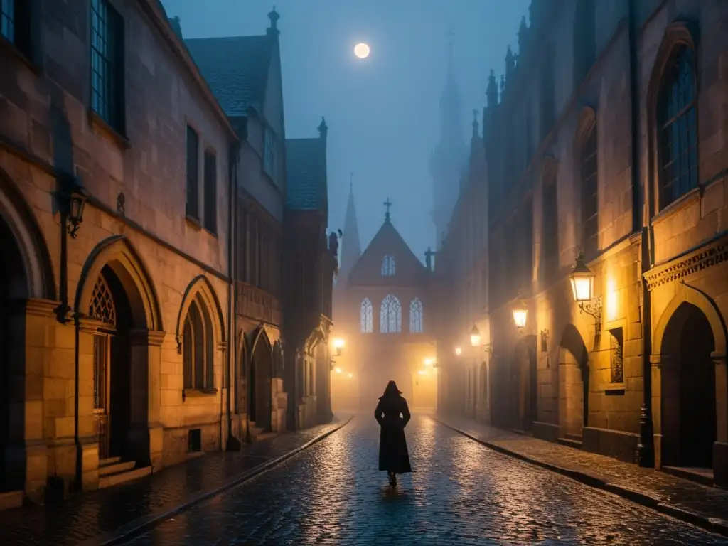 Un misterioso callejón de adoquines, envuelto en niebla, con arquitectura gótica iluminada por la luna