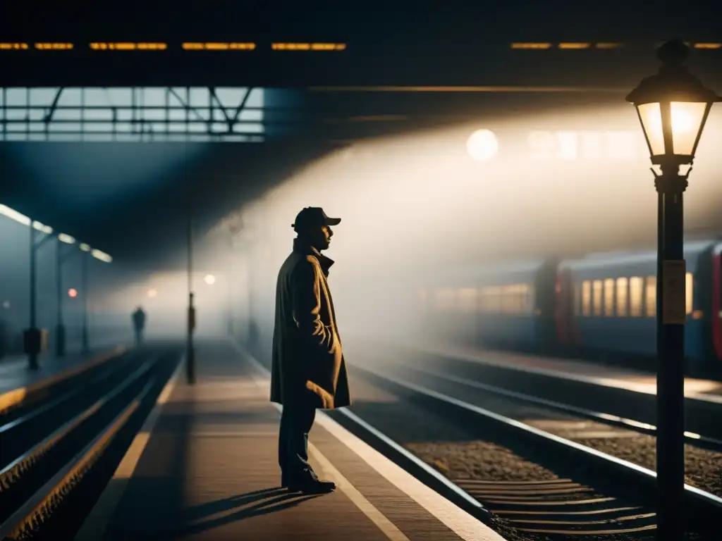 Un misterioso personaje espera en una plataforma de tren neblinosa, construyendo suspenso en literatura