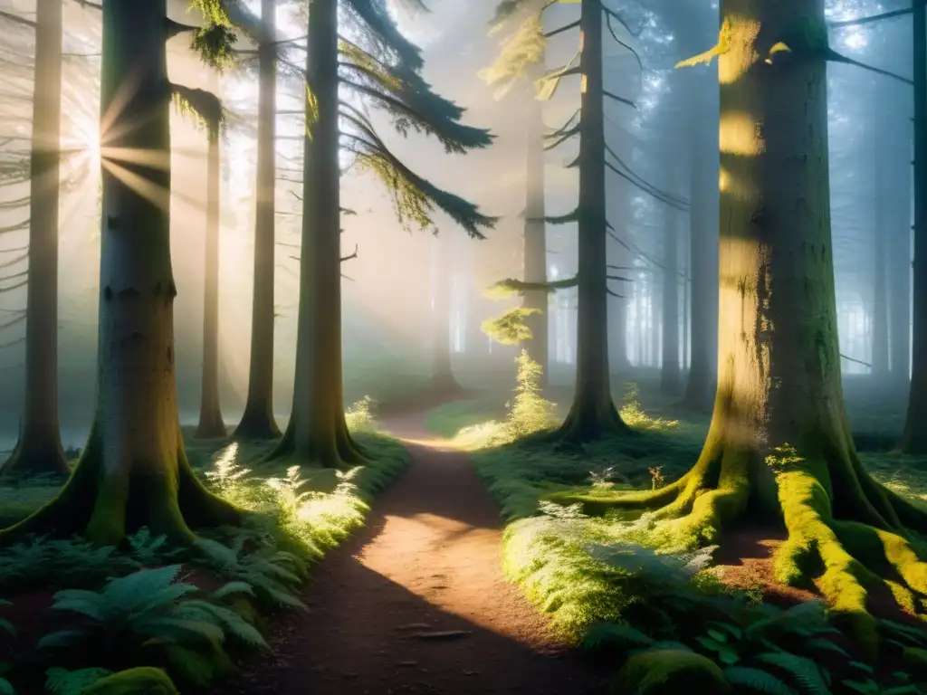 Un misterioso sendero de piedra se adentra en un bosque etéreo, iluminado por la luz del amanecer