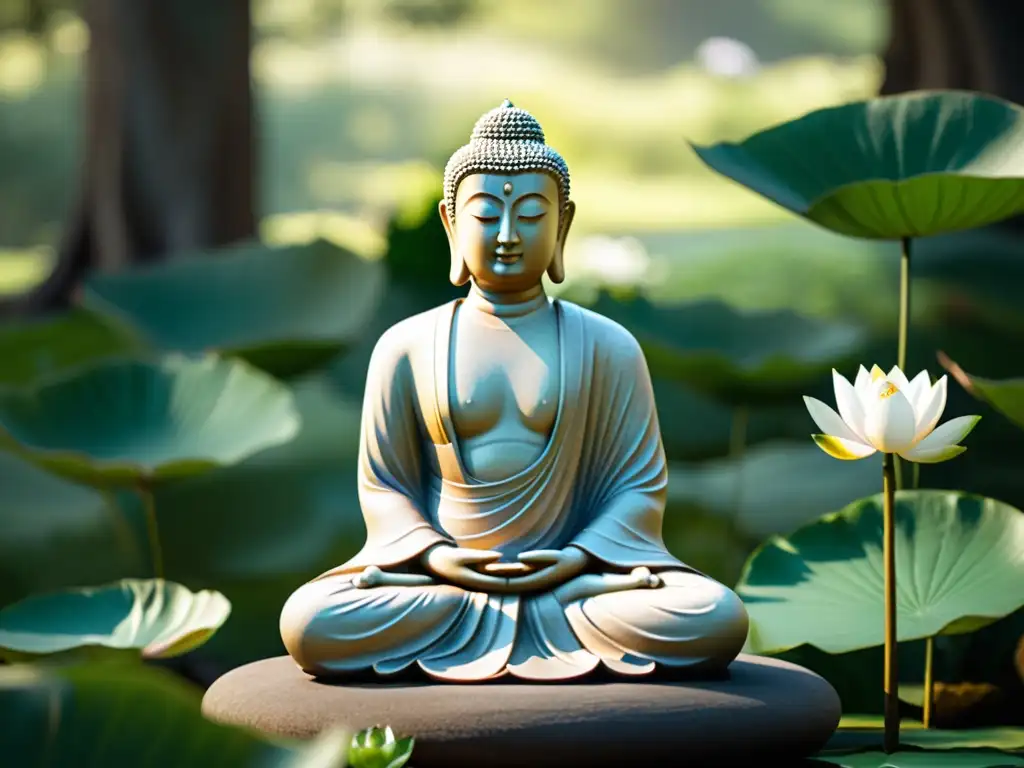 Misticismo y religión en Siddhartha: Estatua de Buda meditando en jardín sereno con luz suave y detalles intrincados