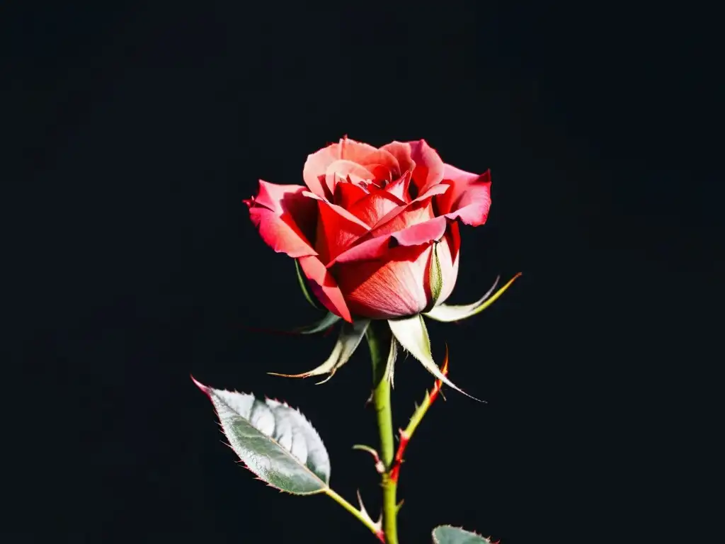 Una rosa sangre, mitad marchita, mitad floreciendo, en un fondo negro