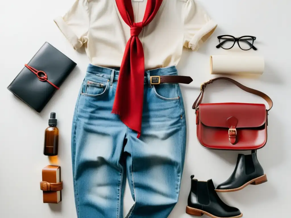 Moda inspirada en obras literarias: Conjunto minimalista con camisa blanca, jeans altos, pañuelo rojo, gafas, maletín y libros clásicos