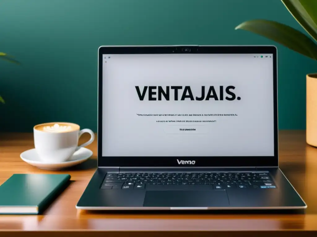 Una moderna laptop abierta muestra la escritura 'Ventajas de serializar textos literarios' en un elegante entorno minimalista y organizado