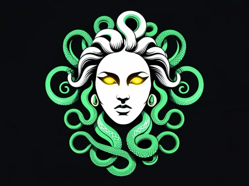 Una moderna Medusa con ojos de neón en un fondo negro