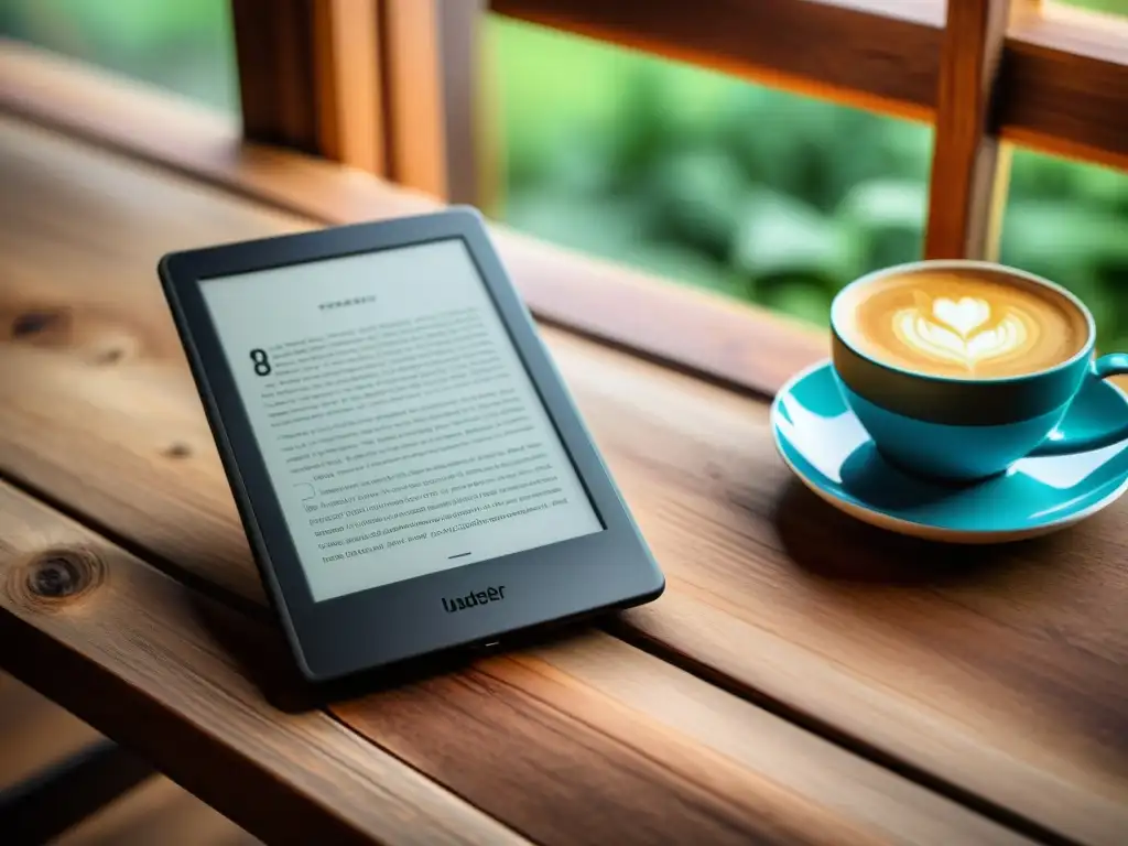 Una ereader moderna sobre mesa de madera con café, ventana iluminada y libro electrónico de literatura contemporánea recomendado en pantalla