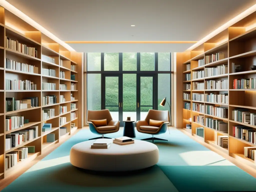 Un moderno y elegante espacio bibliotecario con libros organizados, bañado en luz natural