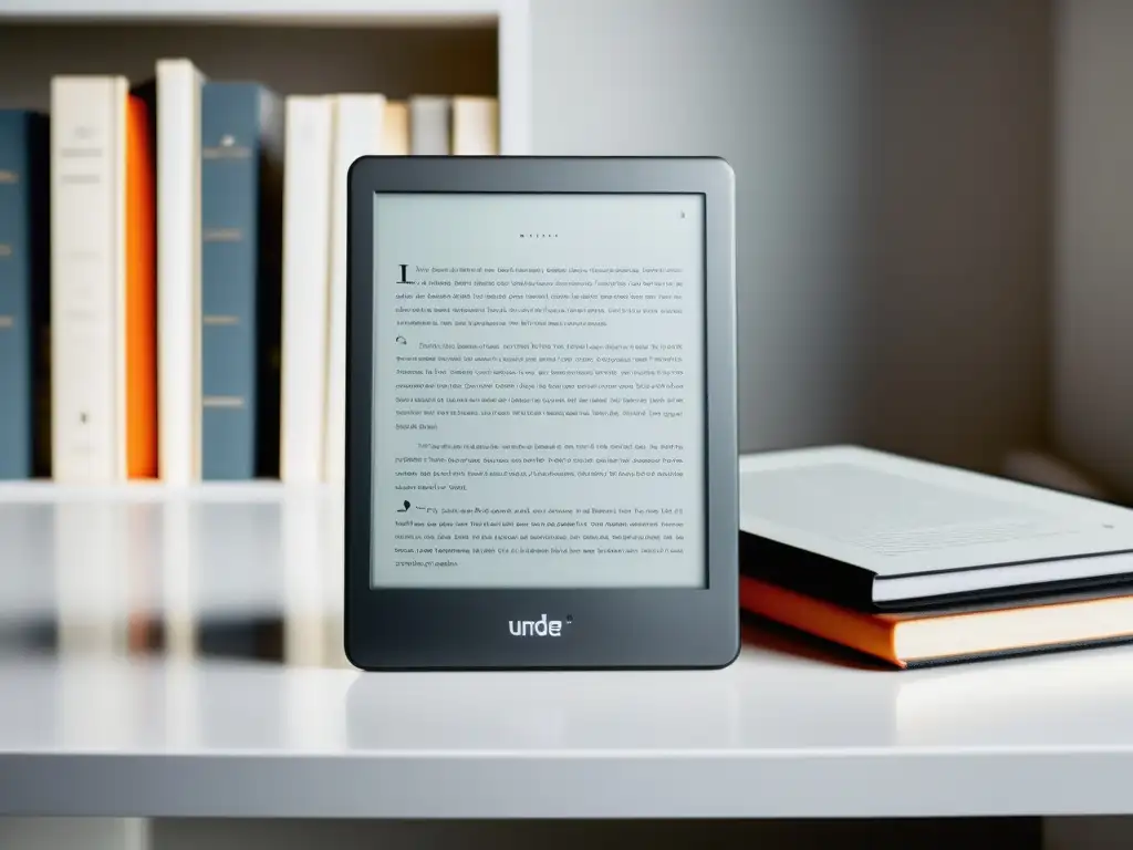 Un e-reader moderno en un escritorio blanco con una biblioteca digital organizada