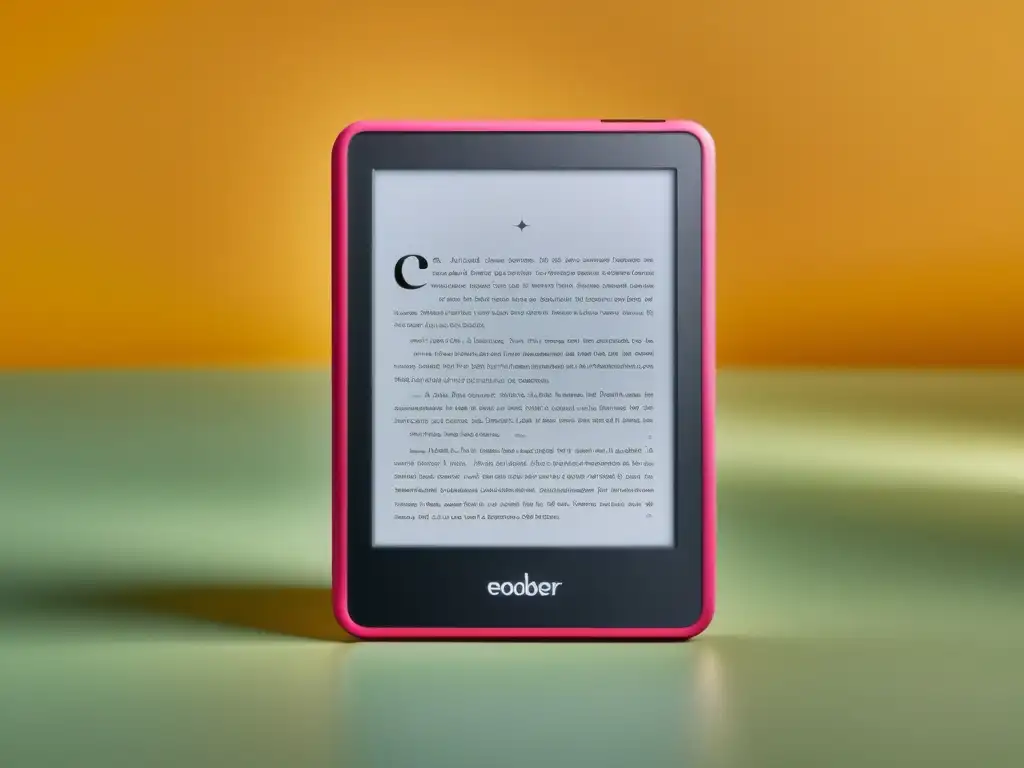 Un ereader moderno en un escritorio minimalista, con un atractivo ebook en la pantalla