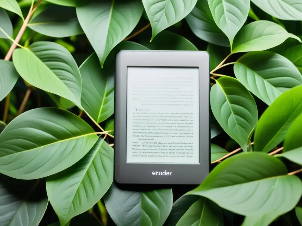 Un eReader moderno descansa sobre hojas verdes, iluminado por luz natural, simbolizando la opción ecológica de los ebooks