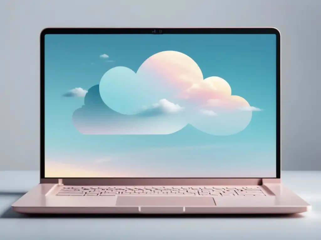 Un moderno laptop refleja formación de nubes, simbolizando los beneficios del Cloud Writing para escritores en una atmósfera tranquila y creativa