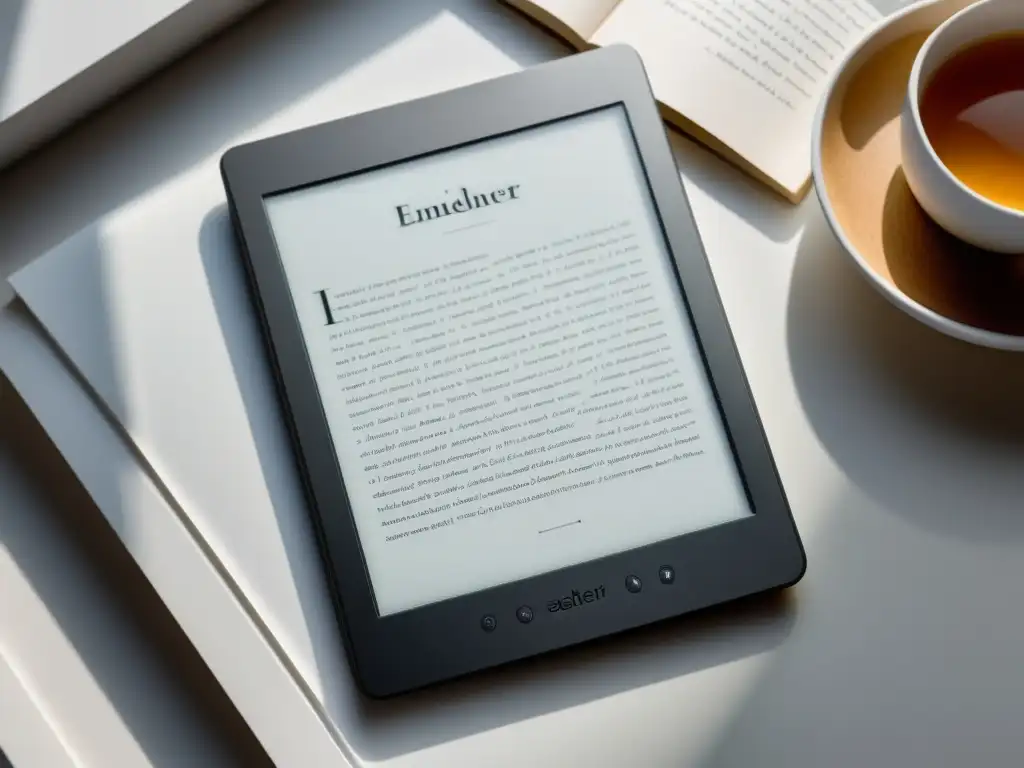 Moderno lector electrónico en blanco Un moderno lector de libros electrónicos con aplicaciones de síntesis de voz, sobre una superficie blanca