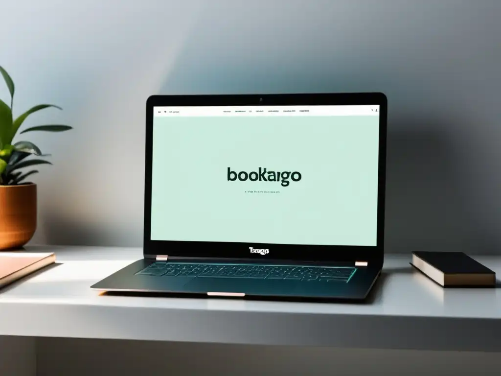 Un moderno portátil en un escritorio blanco, con la pantalla que muestra el sitio web de Booktango y una atmósfera tranquila