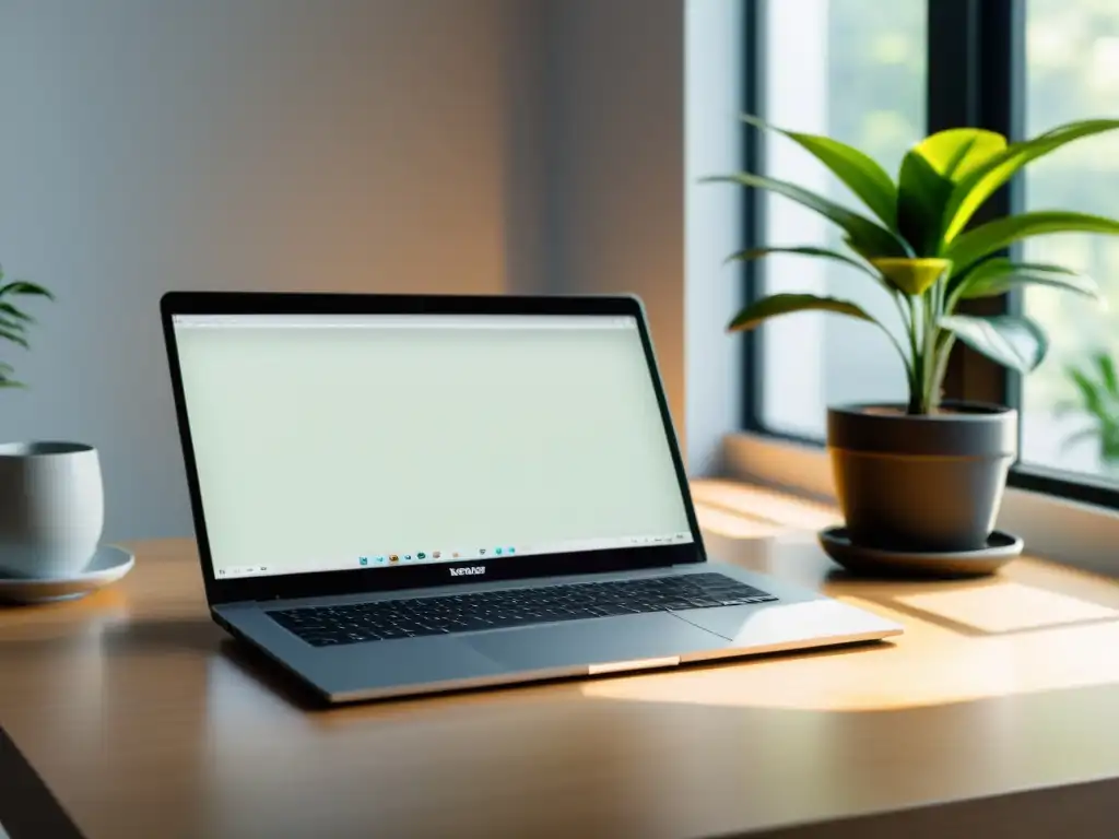 Un moderno portátil en un escritorio minimalista iluminado por luz natural