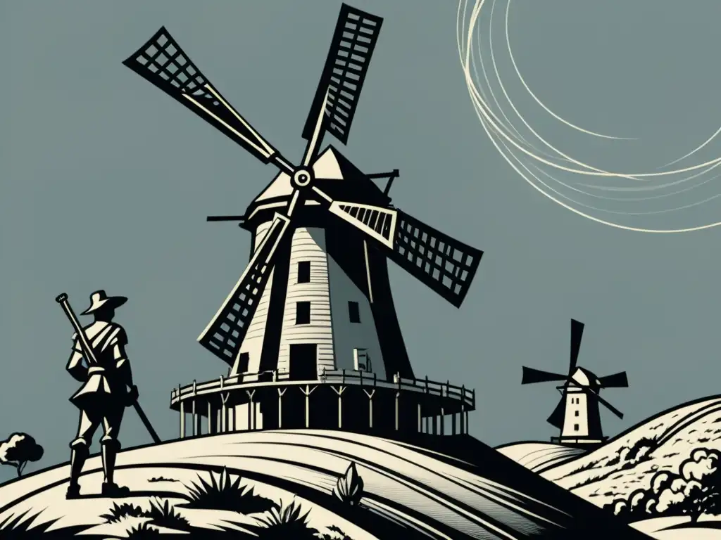 Don Quijote desafiando molinos de viento en un detallado dibujo monocromático