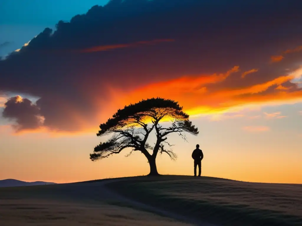 Un momento de contemplación en una llanura infinita al atardecer