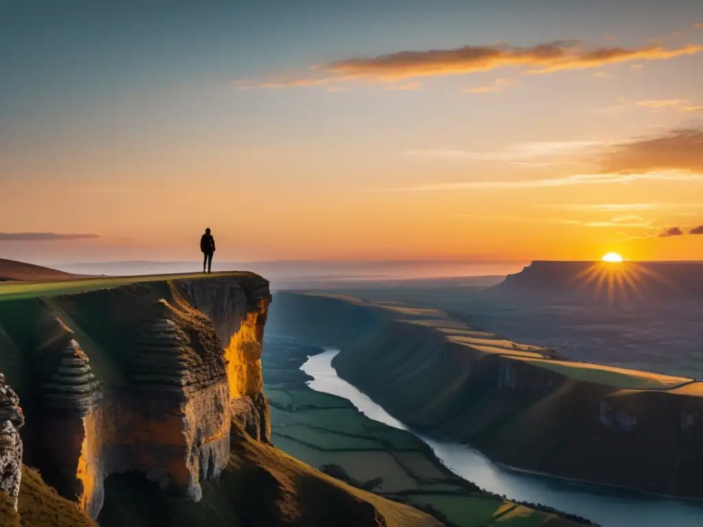 Un momento cumbre impactante: figura solitaria al borde del acantilado, atardecer cálido y paisaje dramático