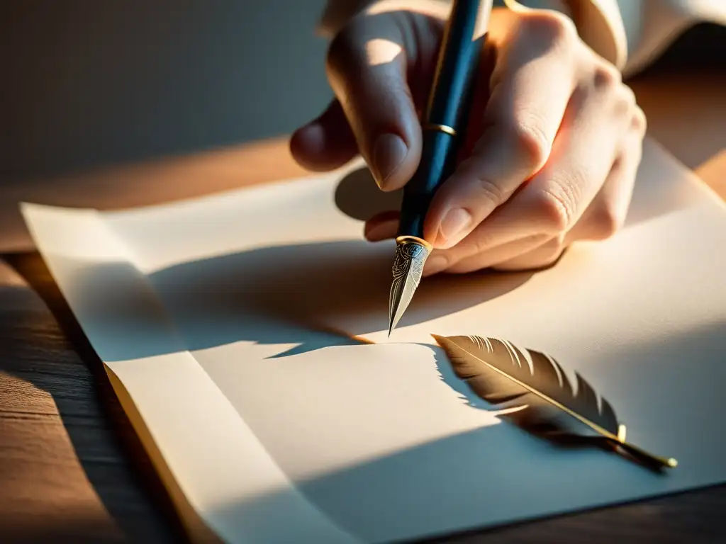 Un momento de inspiración: una mano sostiene una pluma sobre papel en blanco, iluminada por luz natural