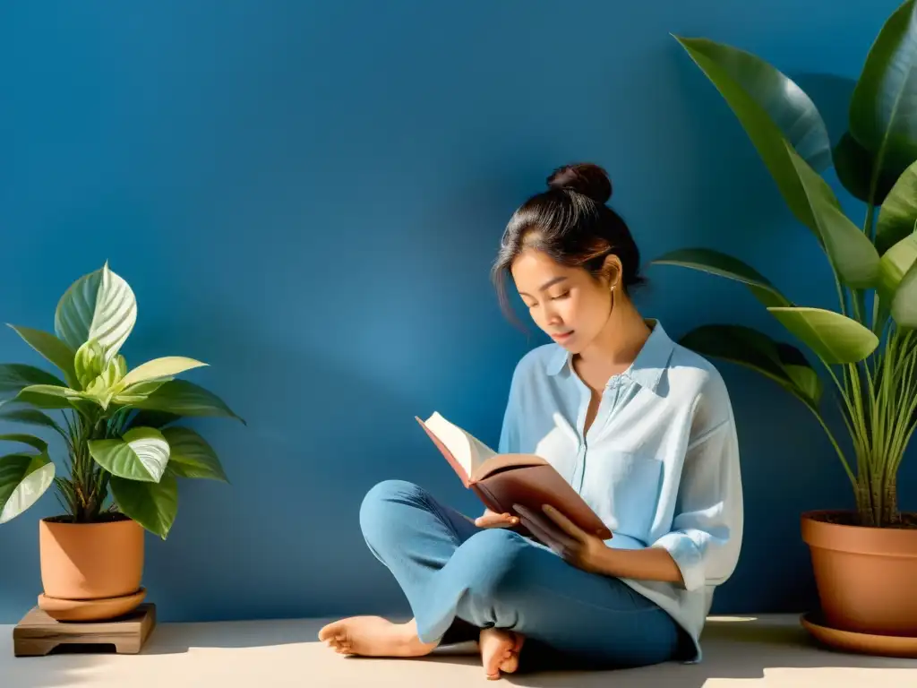 Un momento de lectura serena y concentrada en un entorno armonioso con plantas y luz natural