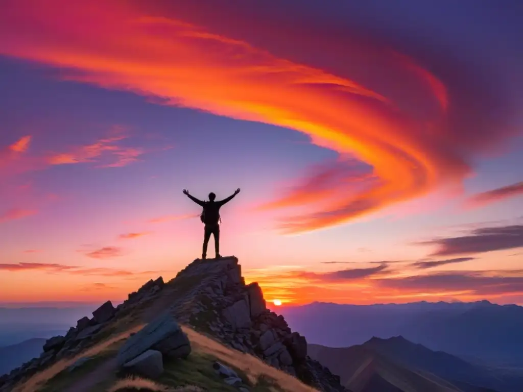 Creando momentos cumbre impactantes: figura solitaria en la cima de la montaña al atardecer, con un cielo vibrante y paisaje impresionante